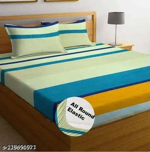 Beige striped premium cotton elastic fitted bedsheets for double bed, 2 pillow covers included, 250 TC super soft, ideal for adult use in summer season
