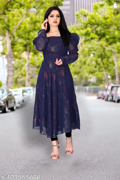 Dark blue lace embroidered long skirt for women