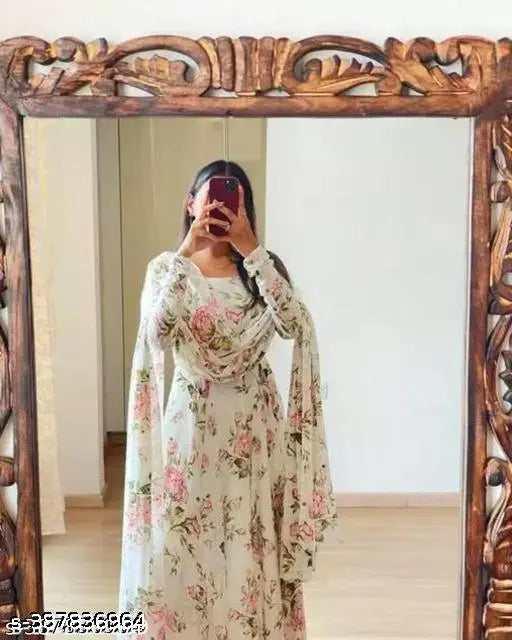 Georgette printed net women's kurti with dupatta, long sleeves, size S-XXL, Indian fashion wear on hanger