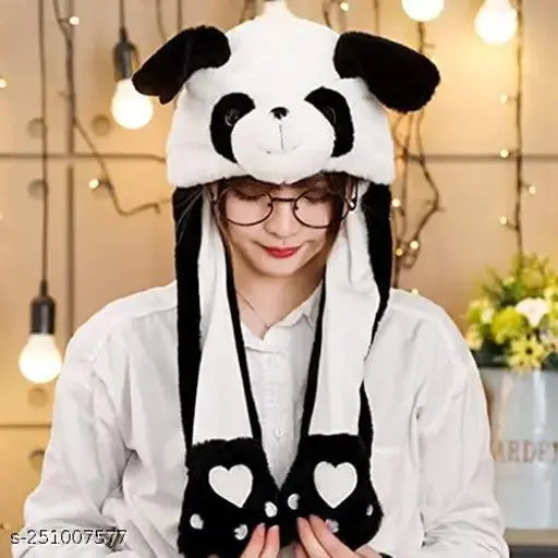 Plush panda hat with glowing LEDs, black and white