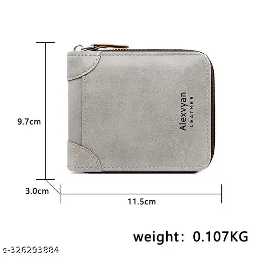 Grey leather men's wallet with 2 pockets and 5 card slots for boys, gents, and male use. Stylish accessory for carrying cash, cards, and IDs