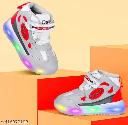 Red and black high top sneakers with glowing neon accents, ideal for casual wear or streetwear