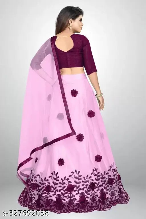 Satin and net Forrkeyy lehenga-choli set, embellished with semi-stitch embroidery. Traditional Indian wear for women, perfect for functions, festivals, parties, or weddings. Unstitched material allows customization to your taste. Made in India