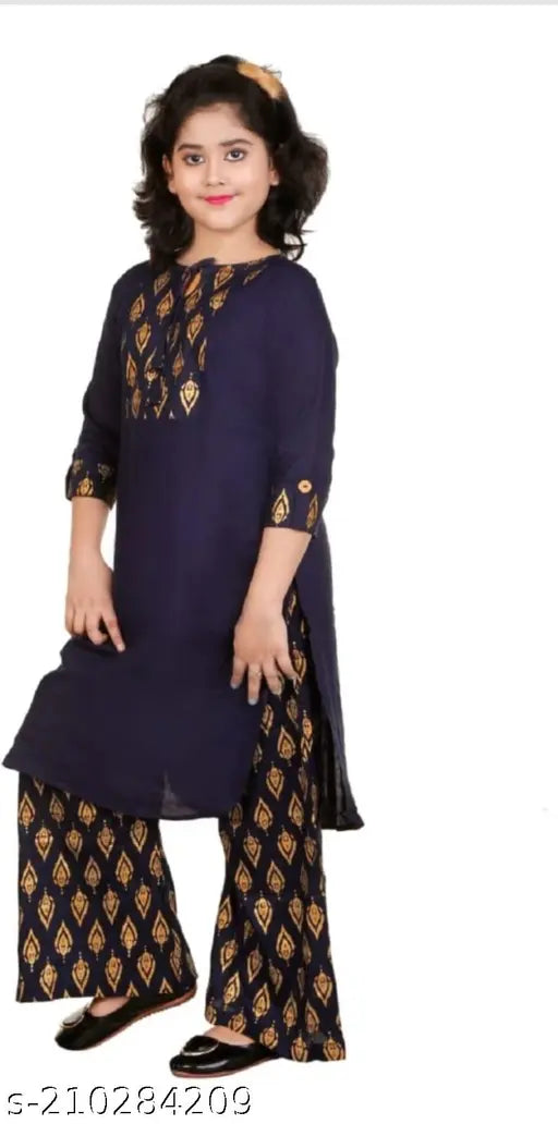 Rayon kids red kurta palazzo set, printed stylish kurta for girls in three-quarter sleeves, India-origin on mannequin