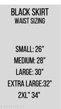 Black skirt with flared silhouette, waist size small - 26 inches, length extra large - 38 inches, medium width