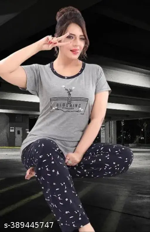 Printed 100% cotton hosiery nightwear set, perfect for daily comfort and skin-friendly sleepwear. Two-piece design with short sleeves, suitable for various occasions like casual, home, yoga, vacation, or beach wear