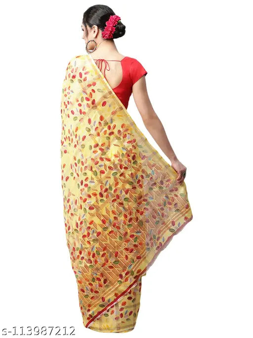 Yellow georgette floral print sari with blouse piece