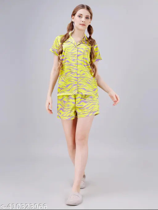 Yellow Shiashi printed satin night suit set (top and shorts), luxurious sleepwear for women