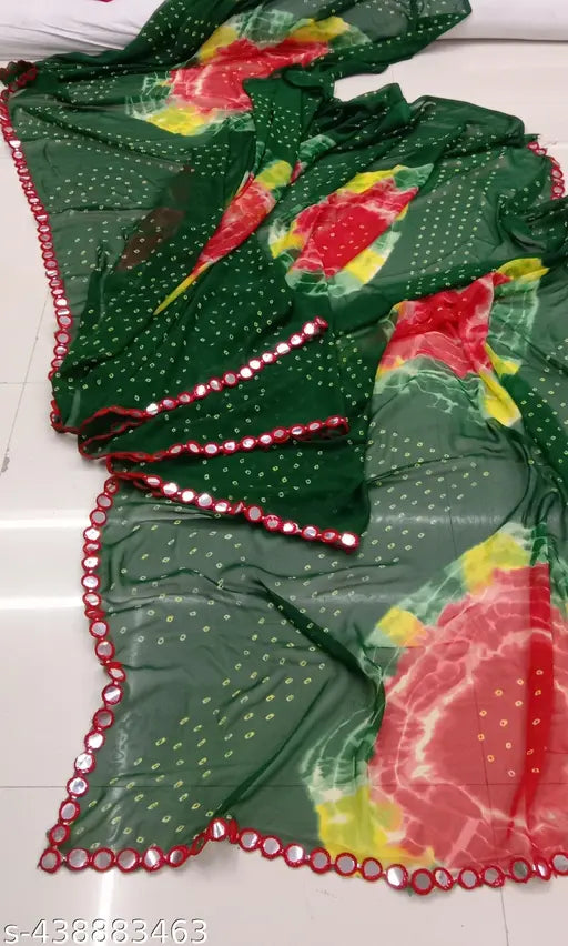 A brightly colored georgette saree with a vibrant floral pattern and embellishments, suitable for party wear or daily wear
