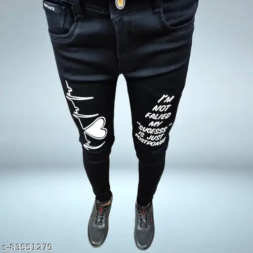 Black denim funky Amazig look jeans for men, heart beat printed, mildly distressed with no fade, mid-rise style and button/zip closure. Available in size 30 (waist 30 inches, length 37 inches). New trending collection from India