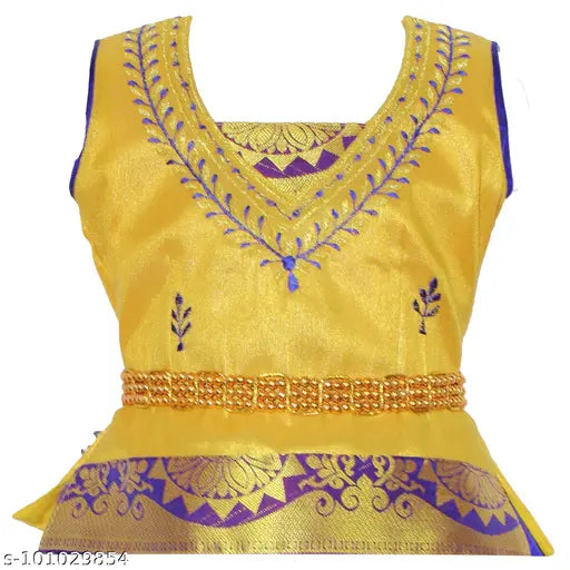 Cotton-silk kids' Rani Pattu Leghanga Choli, short-sleeved floral stitch design, 5-8 years, Indian traditional festive wear