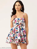 Printed layered playsuit, white and blue, sleeveless, pockets, polyester, casual outfit