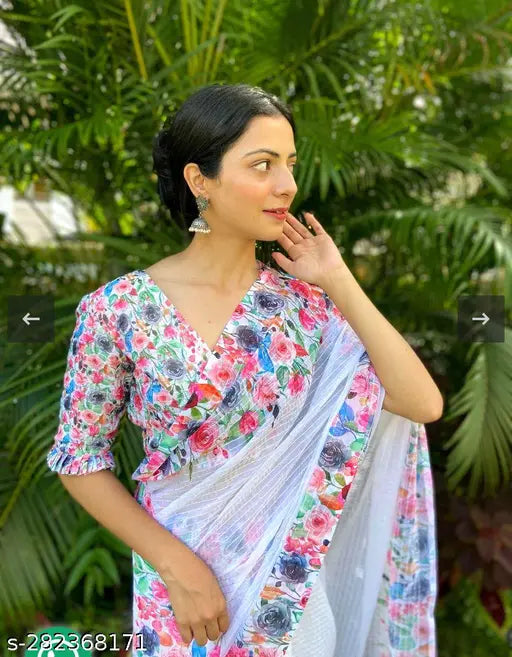 Colorful printed saree with embroidery details