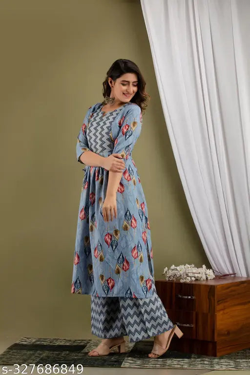 Cotton CE PATTI ZIGZAG A KURTA SET with printed palazzos, Indian traditional attire