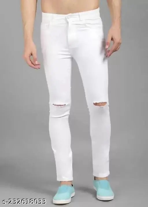 Stylish white denim knee-cut jeans for men, solid print with no fade, high-quality stretchable fabric