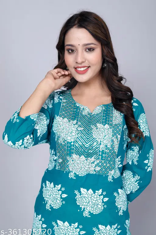 Printed rayon slub three-quarter sleeve Kurtis Plazo set with palazzo bottom, casual wear for women