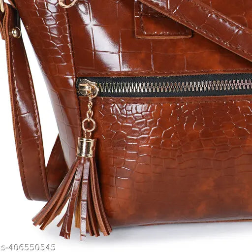 Stylish brown leather side sling handbag with fringe details