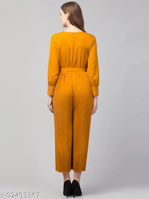 Indian crepe women's solid jumpsuit, long sleeves, gathered belted style