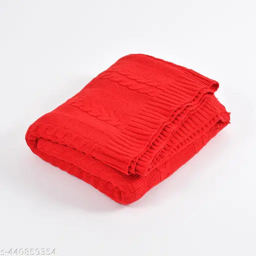Red HomewayTex Blossom Knitted Cotton Loop Throw, perfect for sofa or bed, 52x70 cm