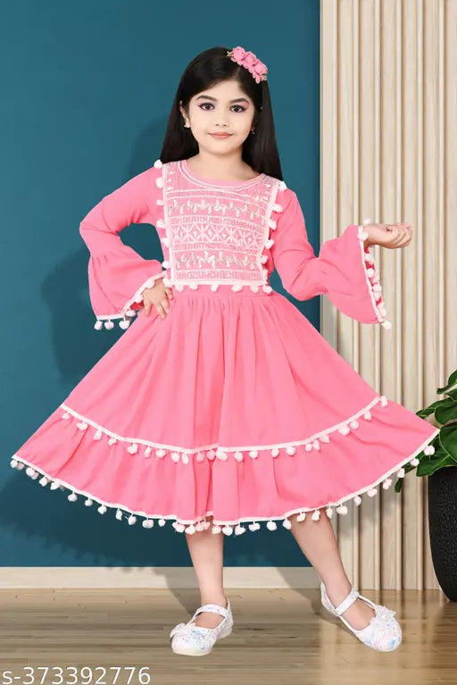 Pink cotton girls' party wear frock with flared skirt, lace hem detail, size 612 months
