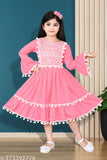 Pink cotton girls' party wear frock with flared skirt, lace hem detail, size 612 months