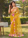 Yellow and pink printed saree, with detailed paisley patterns