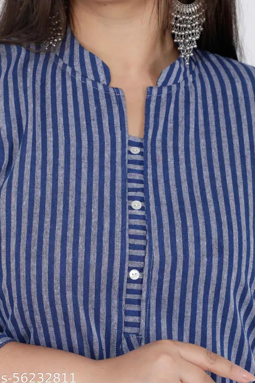 Big size striped cotton kurti for women, 3/4th sleeve, round collar neck, fancy buttons, pocket, hand-washable