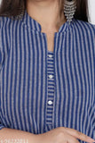 Big size striped cotton kurti for women, 3/4th sleeve, round collar neck, fancy buttons, pocket, hand-washable