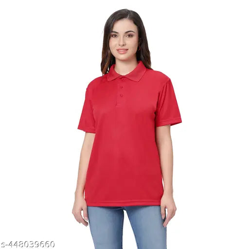 Red cotton polo t-shirt for women, loose fit, casual style