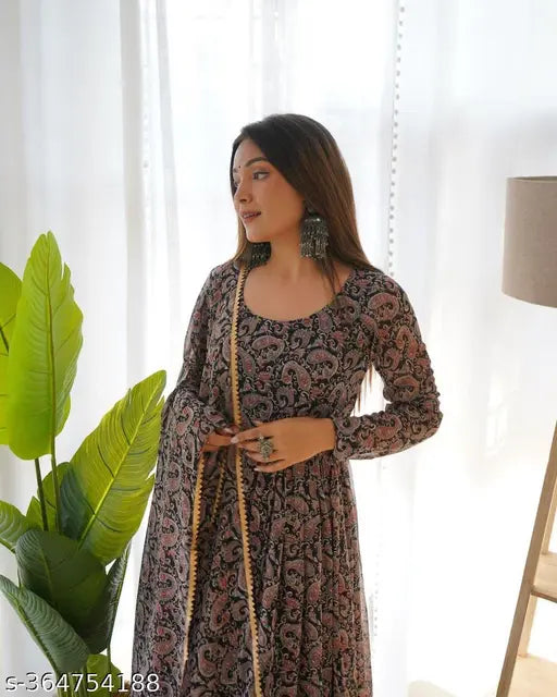 Georgette kurti for women, long-sleeved printed Kalamkari georgette, Indian handcrafted attire