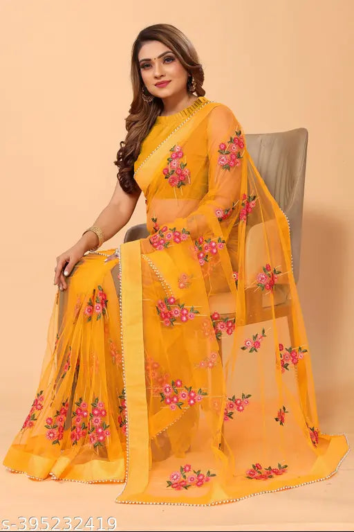 Beautiful net and silk unstitched Zari Resham embroidered saree with moti lace border, suitable for parties, festivals, or daily wear