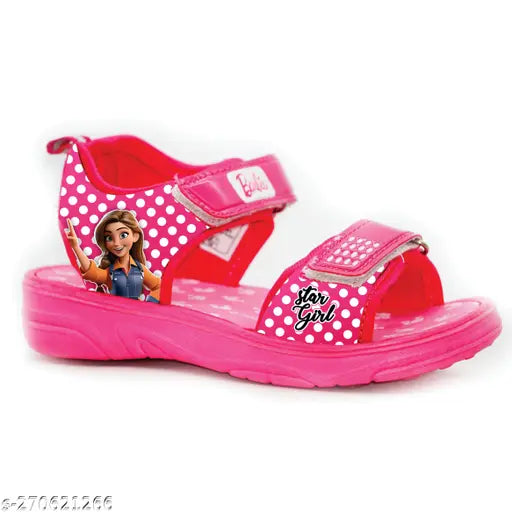 Precious pink patent leather Barbie-inspired sandals for little kids, cartoon character design, size options available, Eva sole material, Velcro fastening & back detail