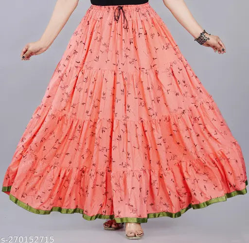 Womens long printed skirt in vibrant pink with black trim and green border