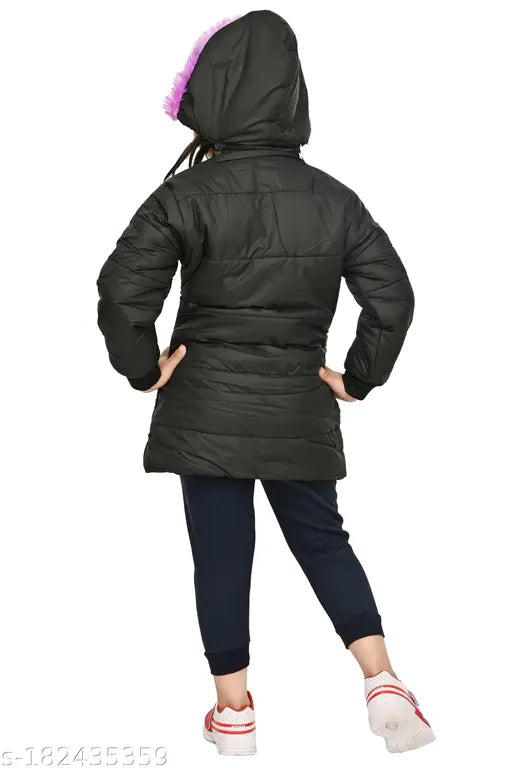 Black, zippered girls' solid casual jacket
