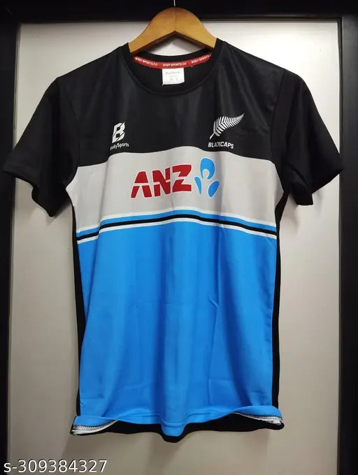 NEWZEALAND Blue printed short-sleeve sports kit in Super Net, suitable for indoor and outdoor activities. Various sizes available from S to XXL