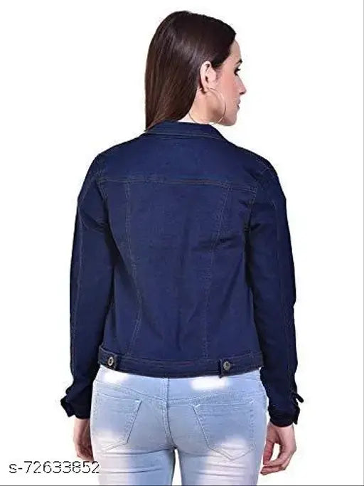 Comfy denim women's jacket, solid pattern, long sleeves, shank buttons, chest pockets. Classic Indian-made denim for any ensemble." (103 characters)