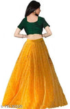 Yellow satin lehenga choli with embroidery work, free size; net dupatta included, India origin