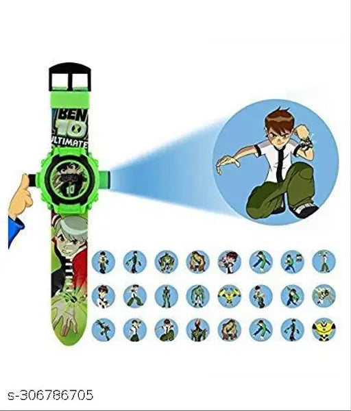 A digital watch with a projector function, designed for boys. Featuring a variety of colorful straps and buttons on a white background. The image includes 16 different designs and strap styles, presented in a collage layout