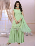 Green embroidery long sleeve Kurta Sharara set with dupatta for weddings festivals women's fashionable