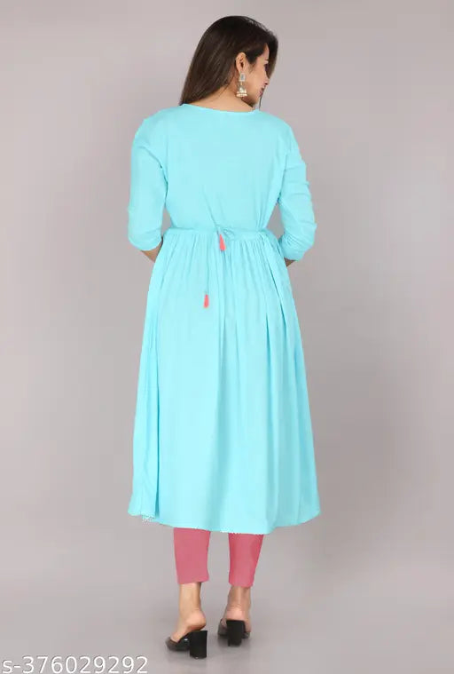 Blue embroidered rayon kurti, three-quarter sleeve, traditional and western touch, comfortable and stylish women's clothing
