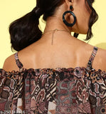 Multicolor abstract off-shoulder polyester jumpsuit with ruffled sleeves, animal print, 2 side pockets. India-made women's fashion jumpsuit