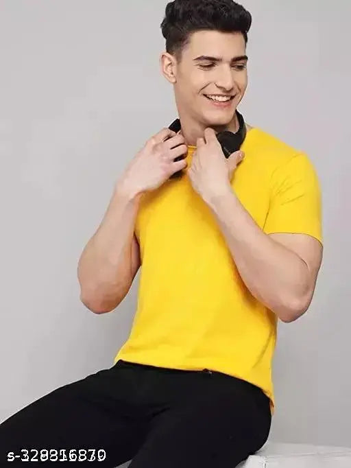 Polyester plain yellow men's short sleeve t-shirt, vibrant color for casual wear, 100% polyester fabric