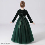 Green net fabric kids gown dress with sequin work for partywear, embellished long sleeve design, soft touch nylon bottom, full length above knee
