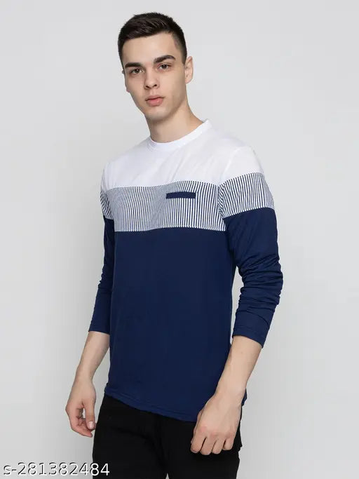Emerald green cotton blend men's round neck regular fit full sleeves colorblocked T-shirt for casual or workplace wear, exuding style and comfort in India