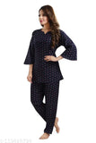 Navy cotton blend kurta & pyjama night suit, printed pattern on alpine cotton fabric for women's sleepwear, LIFETALE pre-combed breathable material