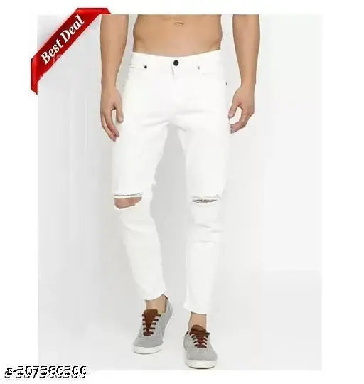 RusticBlooms comfortable white denim skinny jeans with knee slits for men, solid pattern, size 26-32, India origin