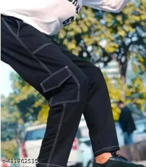 Black cargo pants, 6 pockets, men's casual style