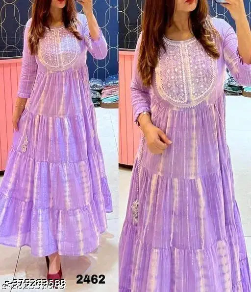 Purple Lurux cotton kurti set, long sleeves with printed combo. Women's party wear with dupatta and various sizes available." (105 characters)