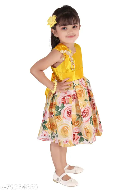 Floral satin strap bow yellow frock