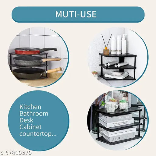 Black metal 3-tier corner shelf for kitchen storage, stainless steel, multipurpose organizer on rust-proof stand
